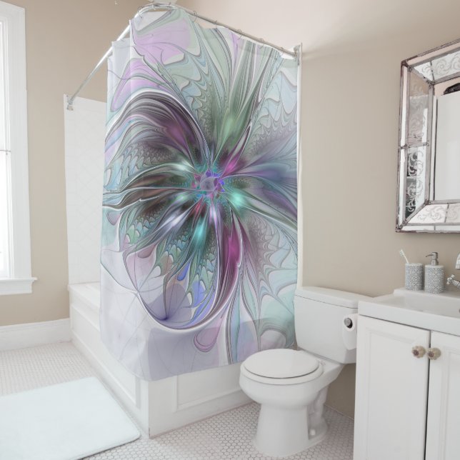 Colorful Fantasy Abstract Modern Fractal Flower Shower Curtain (In Situ)