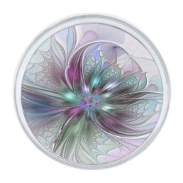 Colorful Fantasy Abstract Modern Fractal Flower Silver Finish Lapel Pin