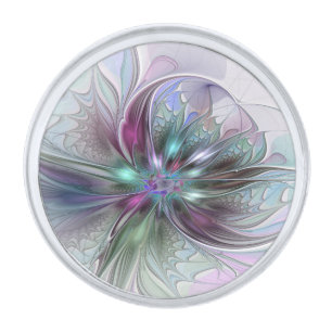 Colorful Fantasy Abstract Modern Fractal Flower Silver Finish Lapel Pin