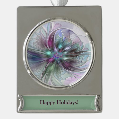 Colorful Fantasy Abstract Modern Fractal Flower Silver Plated Banner Ornament