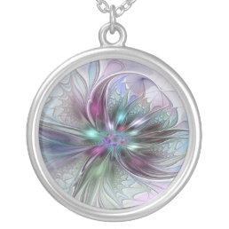 Colorful Fantasy Abstract Modern Fractal Flower Silver Plated Necklace