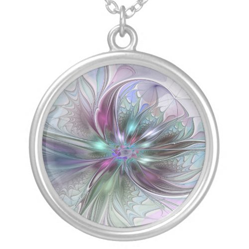 Colorful Fantasy Abstract Modern Fractal Flower Silver Plated Necklace