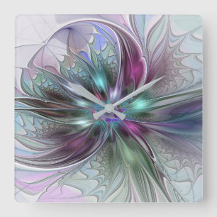 Colorful Fantasy Abstract Modern Fractal Flower Square Wall Clock