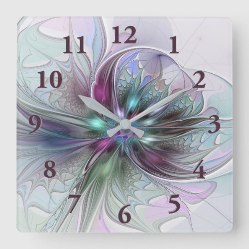 Colorful Fantasy Abstract Modern Fractal Flower Square Wall Clock