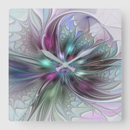 Colorful Fantasy Abstract Modern Fractal Flower Square Wall Clock
