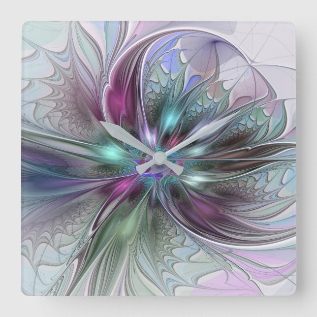 Colorful Fantasy Abstract Modern Fractal Flower Square Wall Clock (Front)