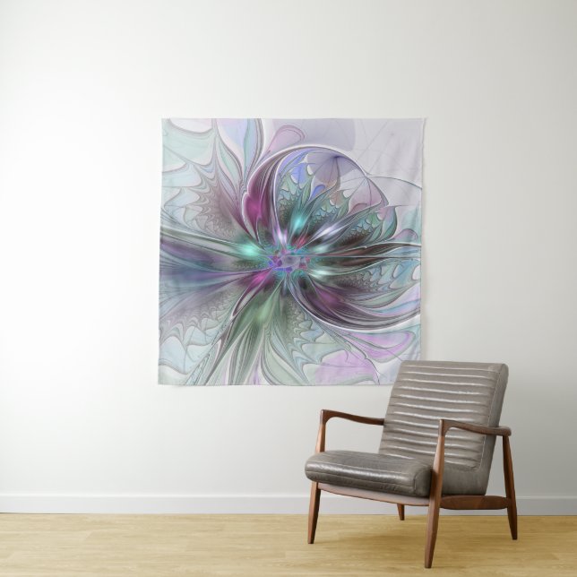 Colorful Fantasy Abstract Modern Fractal Flower Tapestry (In Situ)