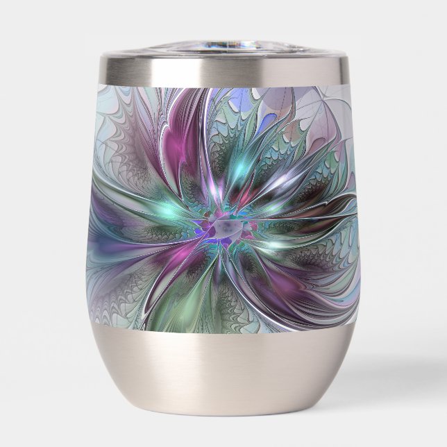 Colorful Fantasy Abstract Modern Fractal Flower Thermal Wine Tumbler (Front)
