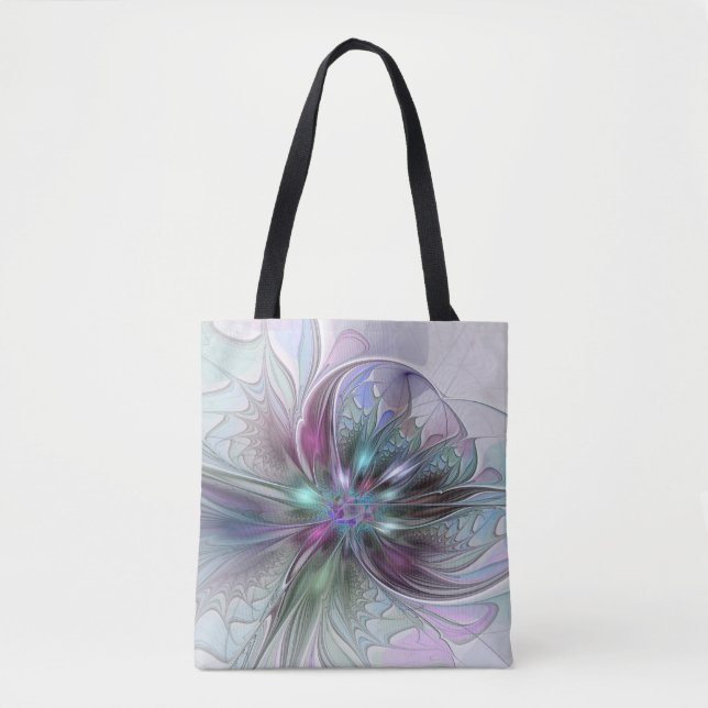 Colorful Fantasy Abstract Modern Fractal Flower Tote Bag (Front)