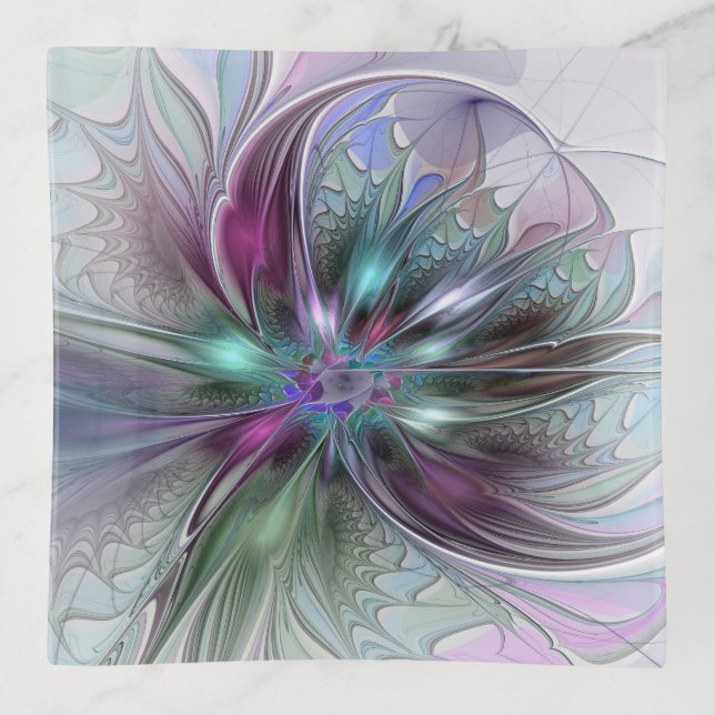 Colorful Fantasy Abstract Modern Fractal Flower Trinket Tray (Front)