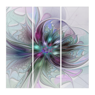 Colorful Fantasy Abstract Modern Fractal Flower Triptych