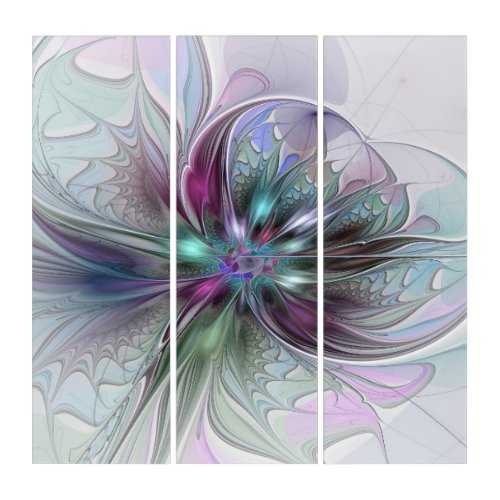 Colorful Fantasy Abstract Modern Fractal Flower Triptych
