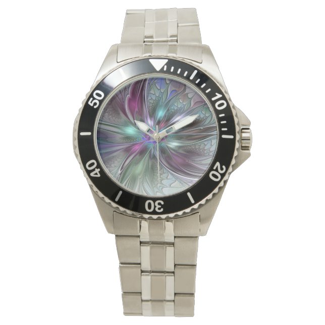 Colorful Fantasy Abstract Modern Fractal Flower Watch (Front)