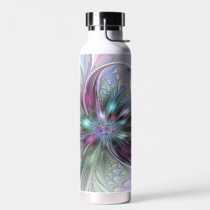 Colorful Fantasy Abstract Modern Fractal Flower Water Bottle