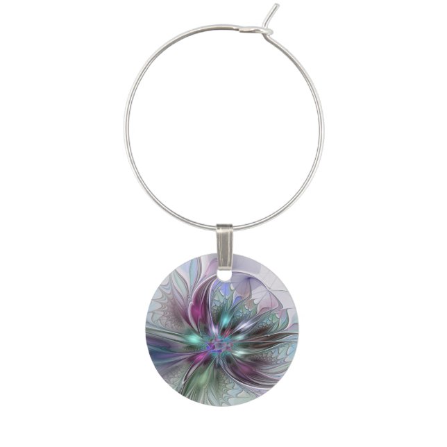 Colorful Fantasy Abstract Modern Fractal Flower Wine Charm (Front)