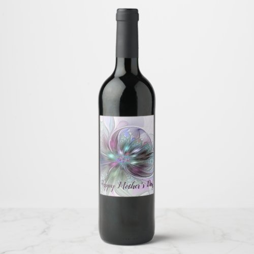 Colorful Fantasy Abstract Modern Fractal Flower Wine Label