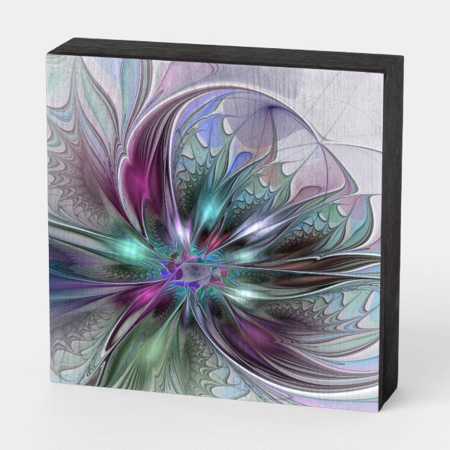 Colorful Fantasy Abstract Modern Fractal Flower Wooden Box Sign (Angled Horizontal)