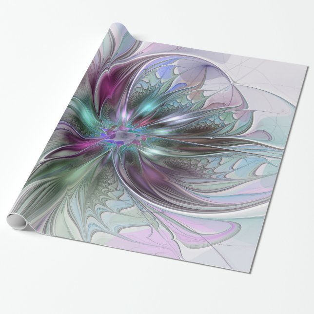 Colorful Fantasy Abstract Modern Fractal Flower Wrapping Paper (Unrolled)