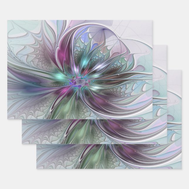 Colorful Fantasy Abstract Modern Fractal Flower Wrapping Paper Sheets (Set)