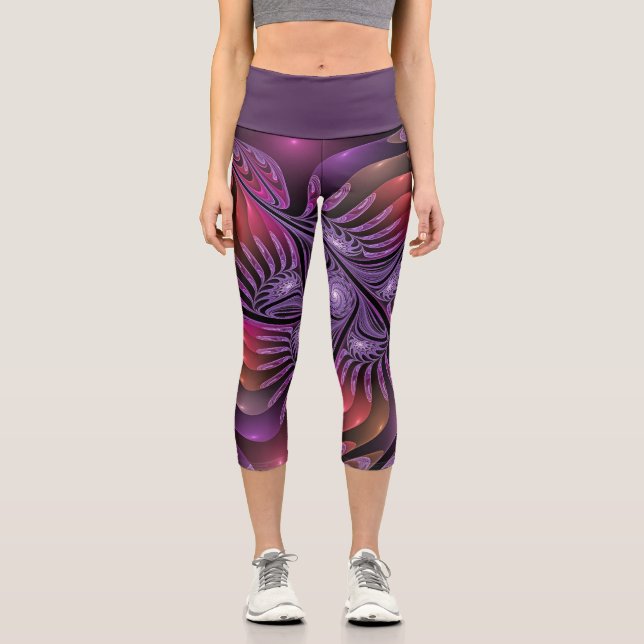 Colorful Fantasy Abstract Trippy Purple Fractal Capri Leggings (Front)
