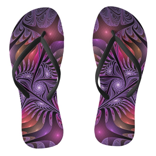 Colorful Fantasy Abstract Trippy Purple Fractal Flip Flops (Footbed)