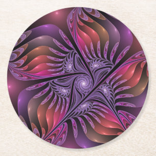 Colorful Fantasy Abstract Trippy Purple Fractal Round Paper Coaster