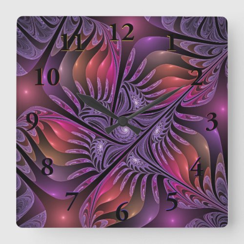 Colorful Fantasy Abstract Trippy Purple Fractal Square Wall Clock