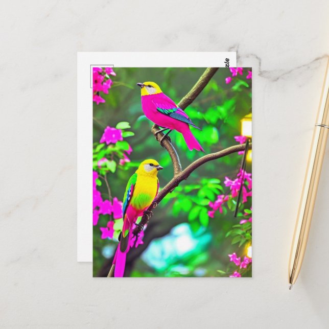 Colorful Fantasy Birds Postcard (Front/Back In Situ)
