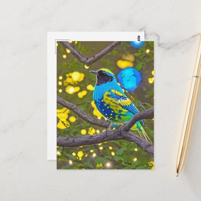 Colorful Fantasy Blue and Yellow Bird Postcard (Front/Back In Situ)