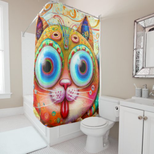 Colorful Fantasy Cat sticking out its Tongue Shower Curtain