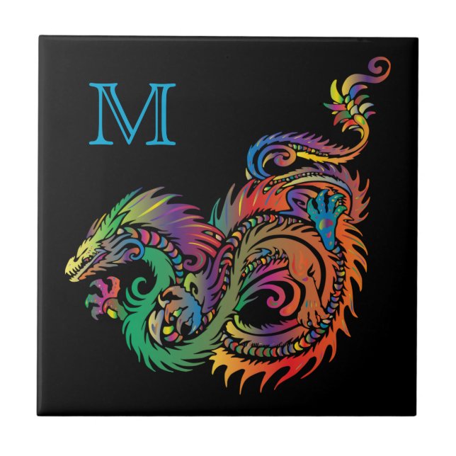 Colorful Fantasy Dragon Monogram Ceramic Tile (Front)