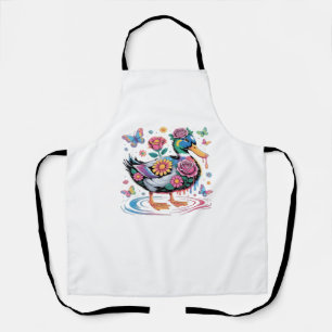 Colorful Fantasy Duck with Flowers and Butterflies Apron