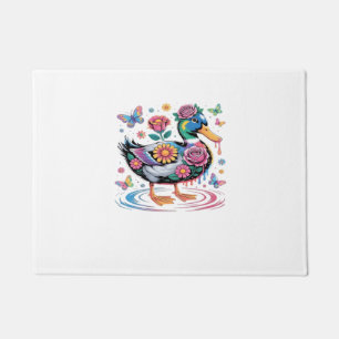 Colorful Fantasy Duck with Flowers and Butterflies Doormat