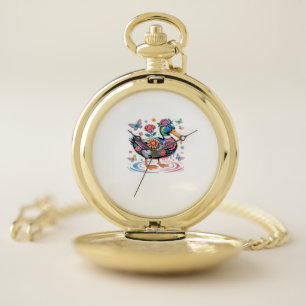Colorful Fantasy Duck with Flowers and Butterflies Pocket Watch