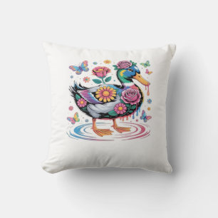 Colorful Fantasy Duck with Flowers and Butterflies Throw Pillow