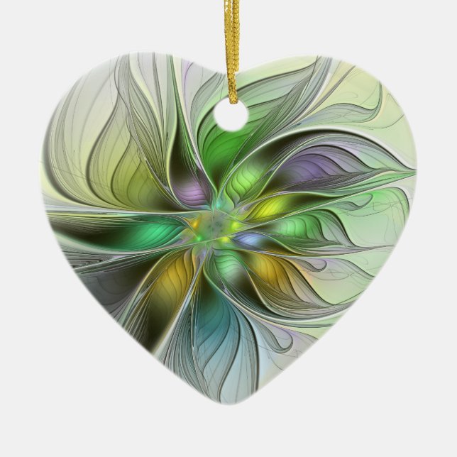 Colorful Fantasy Flower Abstract Fractal Heart Ceramic Ornament (Front)