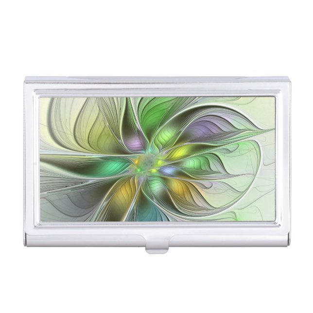 Colorful Fantasy Flower Modern Abstract Fractal Business Card Case (Front)