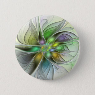 Colorful Fantasy Flower Modern Abstract Fractal Button