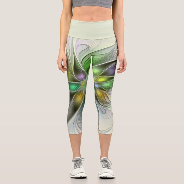 Colorful Fantasy Flower Modern Abstract Fractal Capri Leggings (Front)