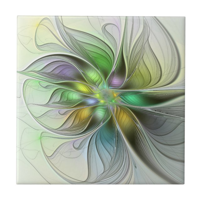 Colorful Fantasy Flower Modern Abstract Fractal Ceramic Tile (Front)