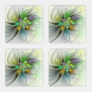 Colorful Fantasy Flower Modern Abstract Fractal Coaster Set