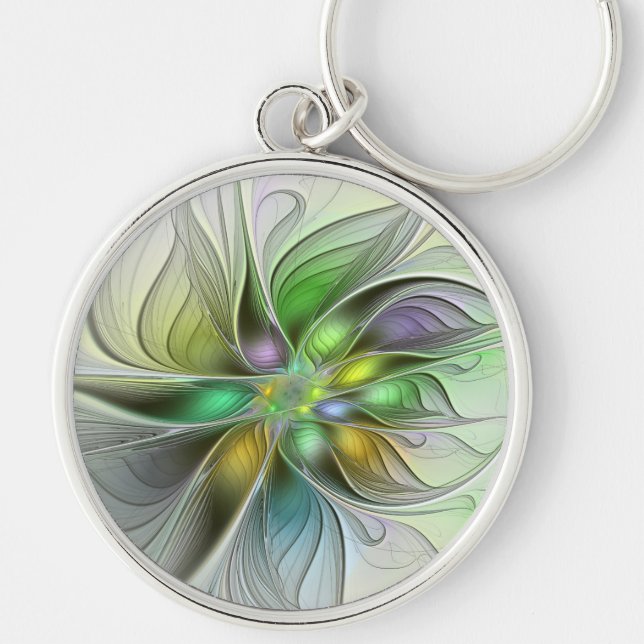 Colorful Fantasy Flower Modern Abstract Fractal Keychain (Front)