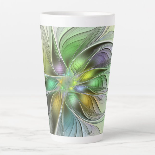 Colorful Fantasy Flower Modern Abstract Fractal Latte Mug (Front)