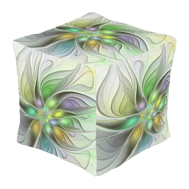 Colorful Fantasy Flower Modern Abstract Fractal Outdoor Pouf (Angled Front)
