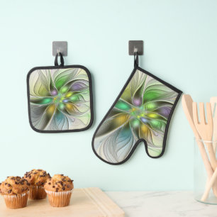 Colorful Fantasy Flower Modern Abstract Fractal Oven Mitt & Pot Holder Set