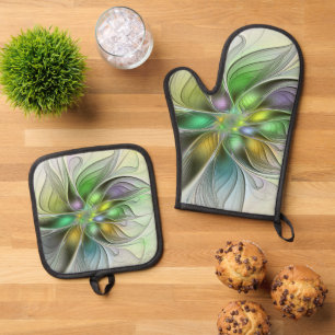 Colorful Fantasy Flower Modern Abstract Fractal Oven Mitt & Pot Holder Set