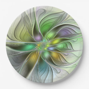 Colorful Fantasy Flower Modern Abstract Fractal Paper Plates