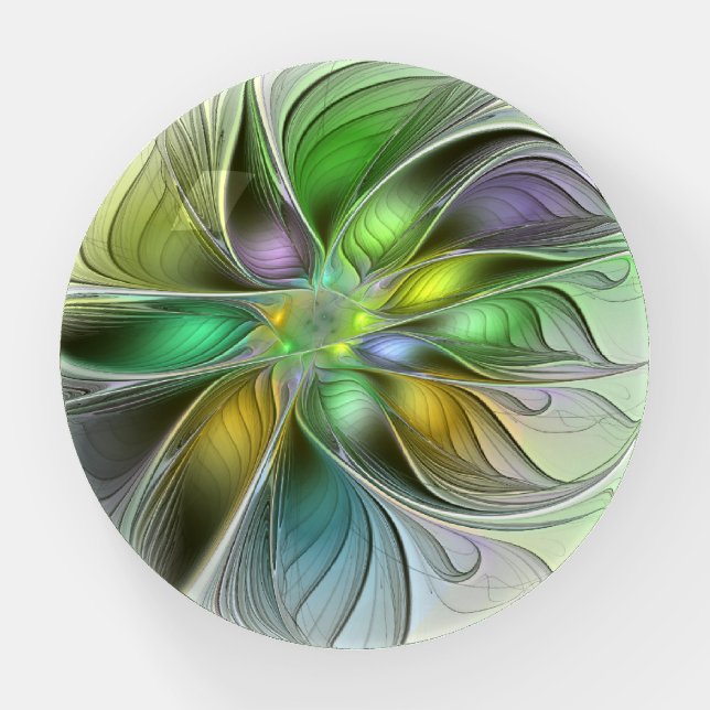 Colorful Fantasy Flower Modern Abstract Fractal Paperweight (Front)