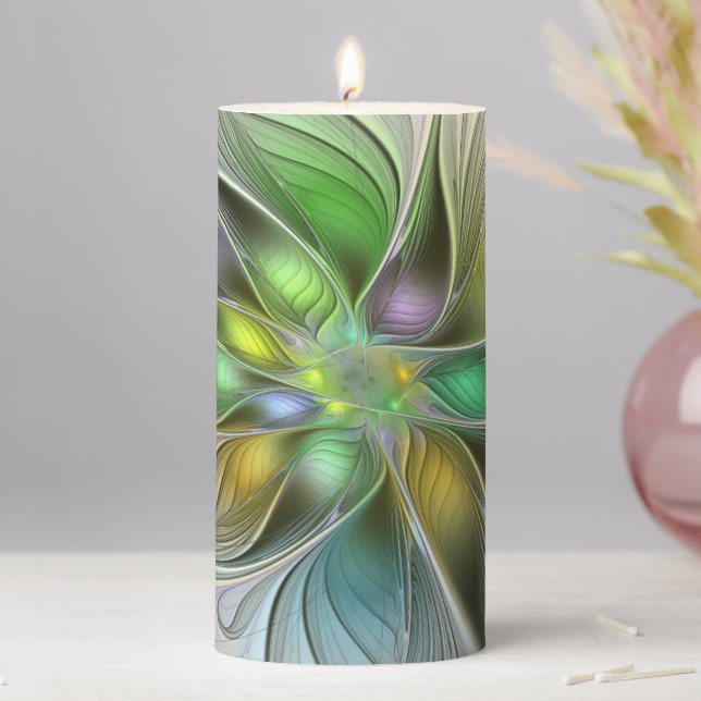 Colorful Fantasy Flower Modern Abstract Fractal Pillar Candle (In Situ)