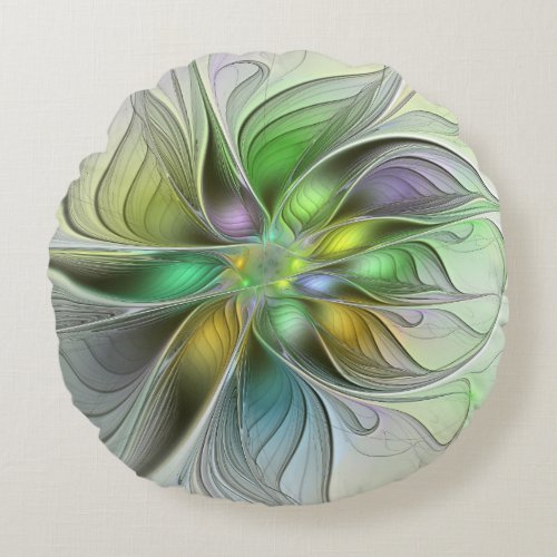Colorful Fantasy Flower Modern Abstract Fractal Round Pillow